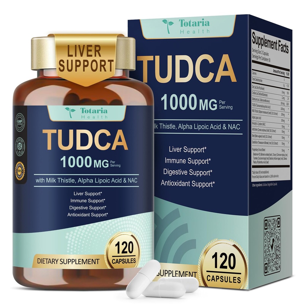 Totaria TUDCA 1000mg Liver Support Supplement with Milk Thistle, NAC, ALA, 80% Silymarin, 15-in-1 Extra Strength Bile Salts, for Liver Cleanse Detox & Repair, Gallbladder, Non-GMO, 120 Capsules