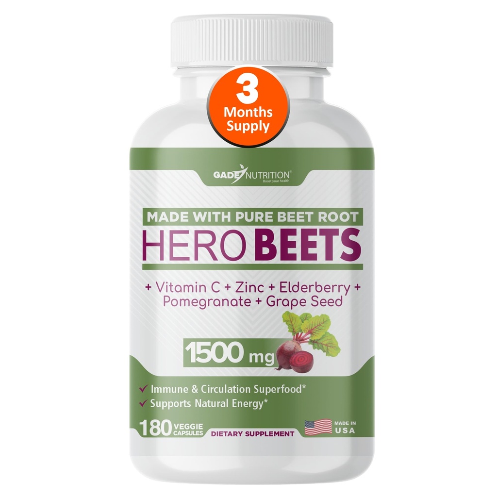 Gade Nutrition Hero Beets - Beet Root Capsules 1500mg - Organic Beet Root Powder + Vitamin C Zinc, Elderberry, Pomegranate, Grape Seed Extract - 3 Months Supply