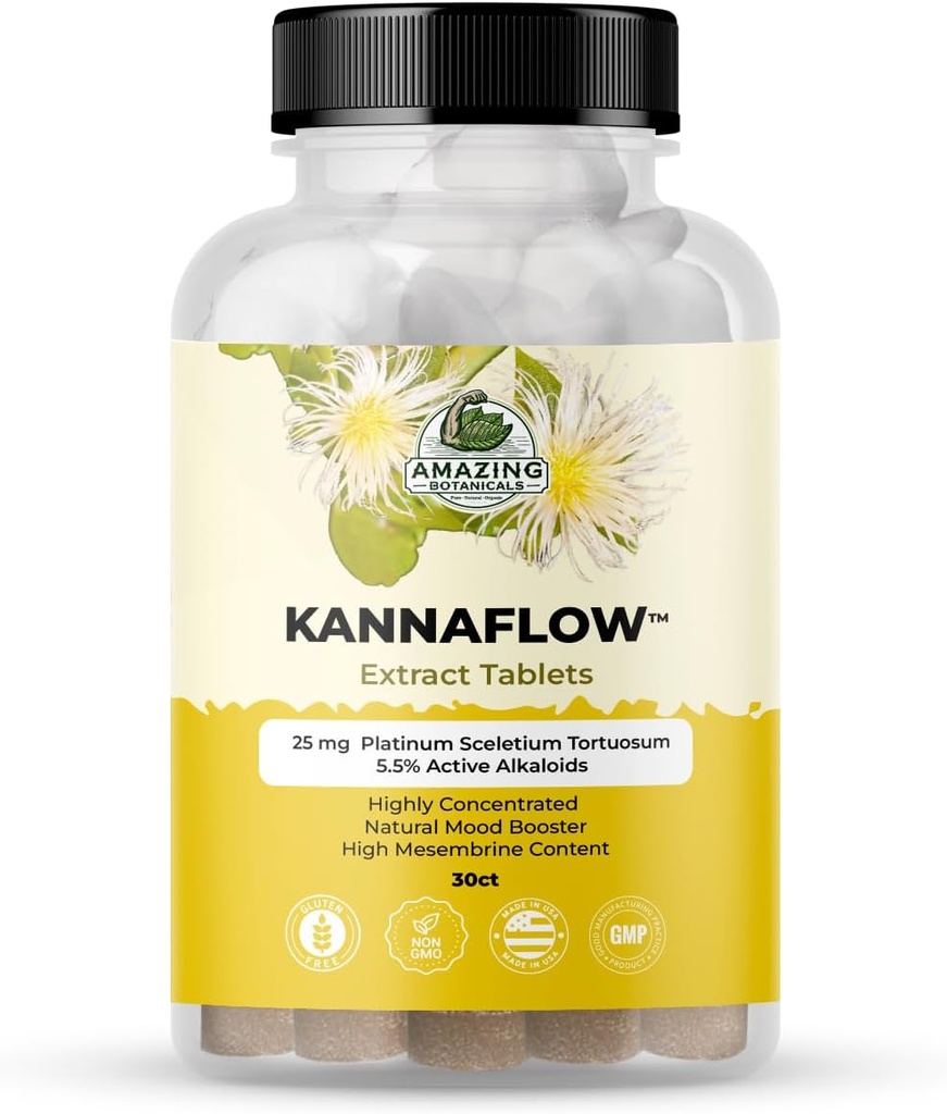 Amazing Botanicals Platinum Kannaflow Sceletium Tortuosum Kanna Extract Tablets - 25mg | High Mesembrine Content | 5.5% Active Alkaloids | 30 Count