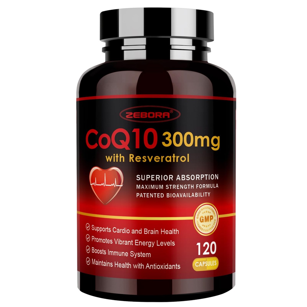 ZEBORA CoQ10-300 mg met Trans-Resveratrol, PQQ & Vitamin E - Hoge Absorptie Co-enzym-Q10 met BioPerine - Krachtige Antioxidant voor Hart en Energie-Productie,120 Veggie Capsules