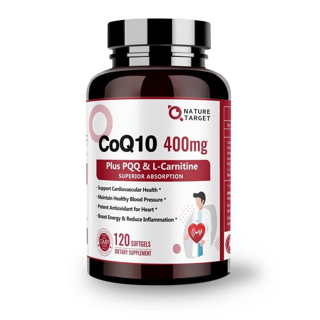 NATURE TARGET CoQ10-400mg met PQQ, Omega-3s & L-Carnitine, Hoge Absorptie Coenzyme-Q10 met BioPerine, Ondersteunt Hart, Hersenen, Immune System, Energieproductie, 120 Servers