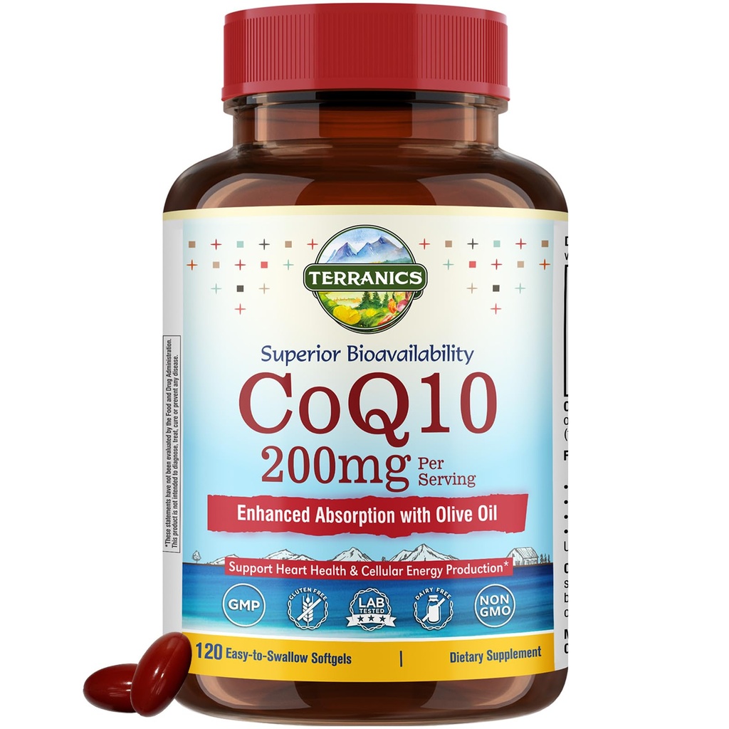Terranics CoQ10 200mg, Co-enzym Q10 Supplement met extra Virgin olijfolie voor verbeterde absorptie, Made in USA, Ondersteunt Hart Gezondheid, Antioxidant Bescherming, Energieproductie, Non-GMO, 120 Softgels