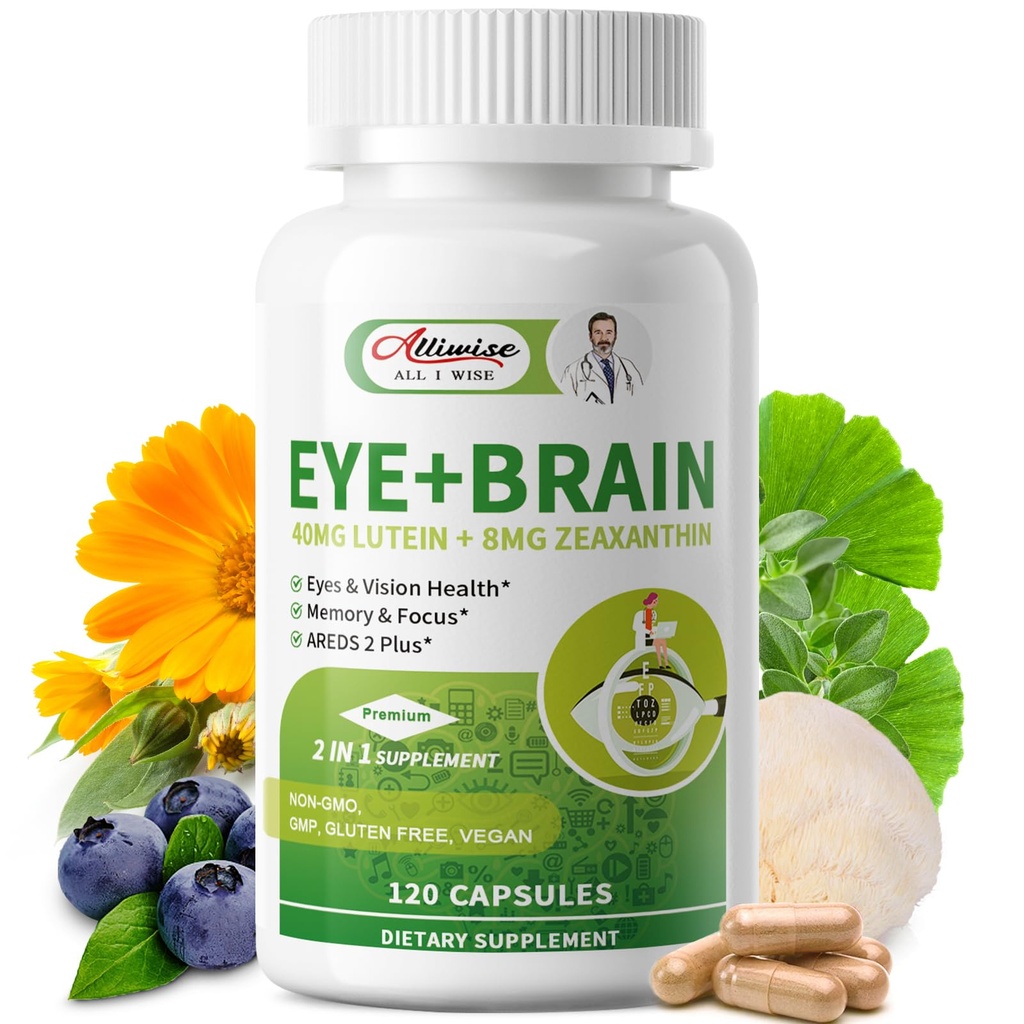 Eye + Brain Supplements for Memory and Focus, Lutein 40mg, Zeaxanthine, Astaxanthine, Bilberry, Lion