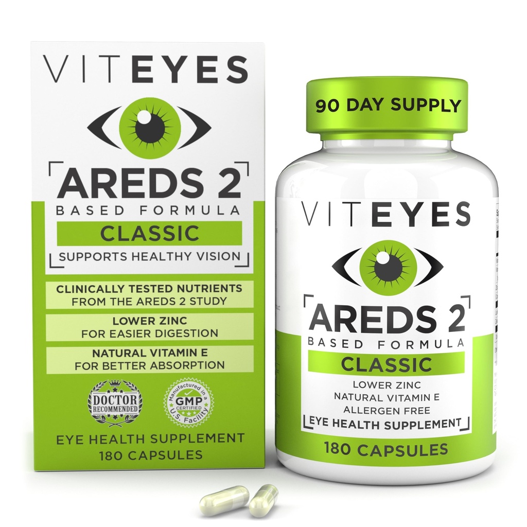 Viteyes AREDS 2 Oogvitaminen, Classic Macular Support, Allergen Free Capsules, met natuurlijke vitamine E, vitamine C, zink, koper, luteïne & zeaxanthine, oogarts vertrouwd, geproduceerd in de VS, 180 Ct