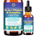 Advanced Vitamin B Complex Liquid Drops for Women Men & Kids, 15-in-1 VIT B Complex with Vitamin C B12 B6 B1 Niacin Folate for Brain Nerve Neuropathy Energy Mood Health, Sublingual B-Complex Drops