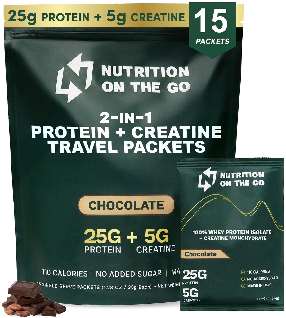 Nutrition On The Go Wei Protein Isolate Packets with Creatine - 25g Proteïne + 5g Creatine - Single-Serve Travel Proteïne Poeder - 5.9g BCAA's, Keto & Low-Carb, Gluten-Free - Chocolade (15-pack)