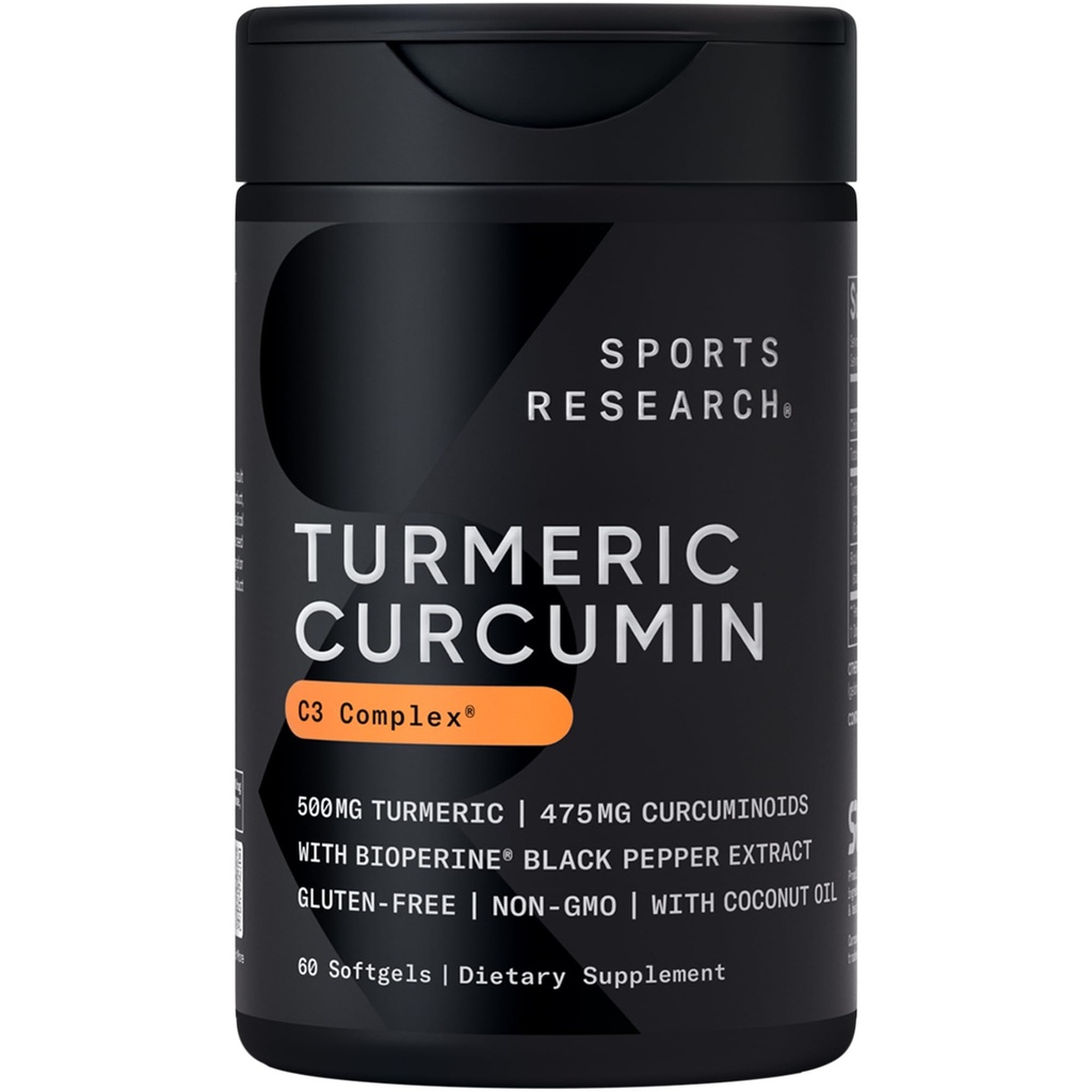Sportonderzoek Kurkuma C3 Complex 500 mg, Enhanced & Black Pepper and Organic Coconut Oil for Better Absorptie; Non-GMO and Gluten Free - Standardized 95% Curcuminoids (60 Count Softgels)