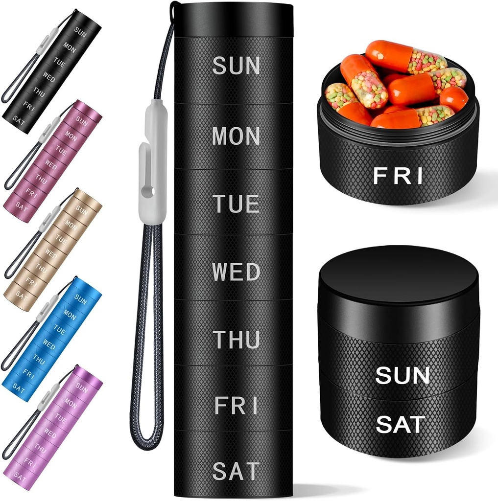 Aluminium Travel Pill Organizer,Weekly Metal Pill Case,Pill Holder, Moisture Proof Waterproof Daily Pill Box 7 Day, Large Pill Container to Hold Vitamins,Medication,Supplements 【Black Knurling】