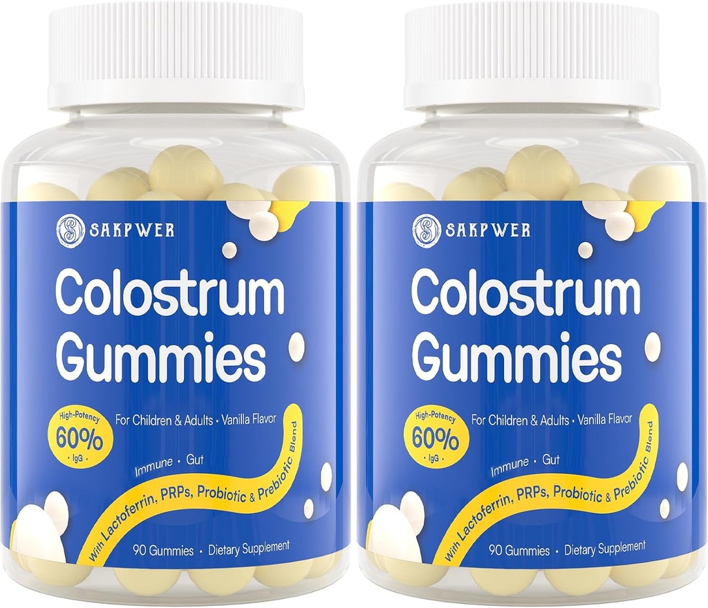 Bovine Colostrum Supplement Gummies - met 60% Hoogste IgG, Lactoferrine, Probiotica en Prebiotica voor volwassenen en kinderen, Vanille smaak & Sugar Free, 2 Pack
