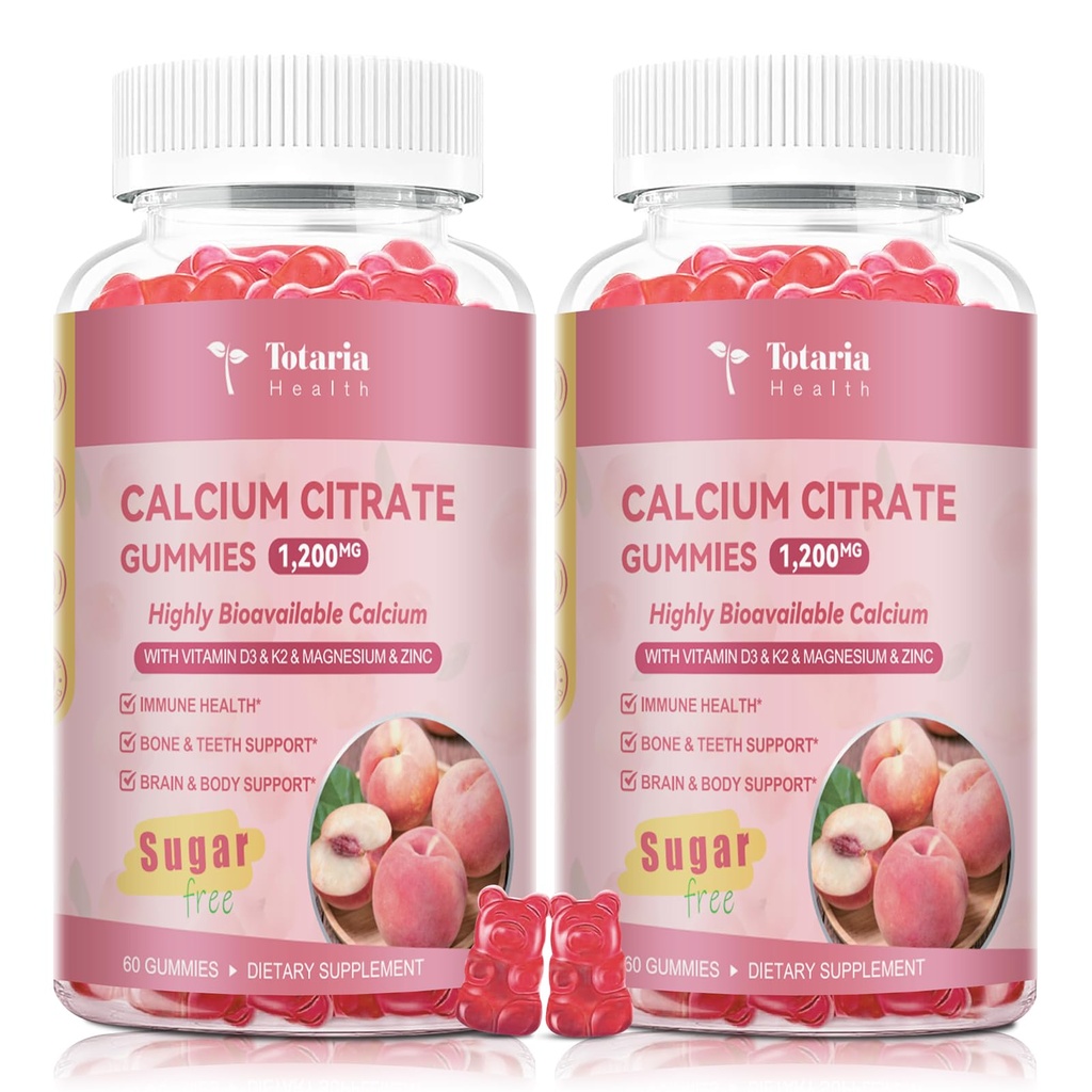 2 Pack Calcium Citrate Gummies 1200 mg - Calcium Supplements for Women with Vitamin D3 & K2,Magnesium,Zinc - Sugar Free Calcium Gummies for Bone & Teeth & Immune Support- Peach Flavor