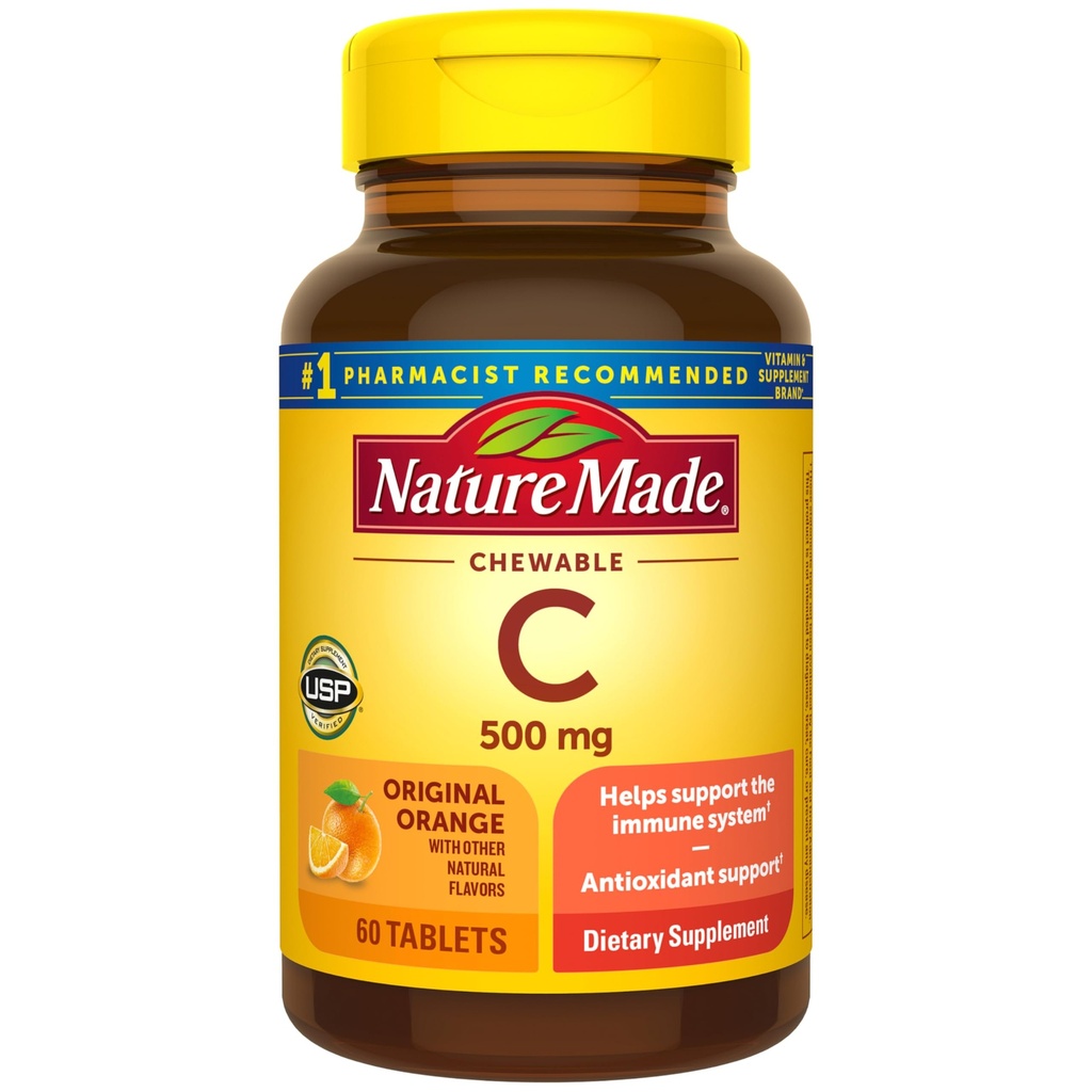 Nature Made Kauwbare Vitamine C 500 mg, Dieet Vitamine C Supplement voor Immune Support, 60 tabletten, 60 dagen levering