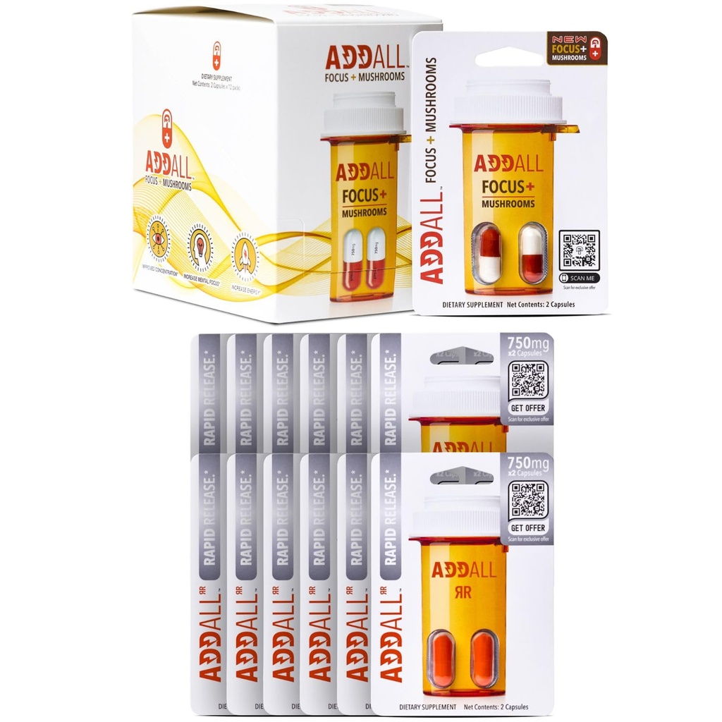 Addall Focus + Mushrooms Memory (12 Pack) and Rapid Release (12 Pack) #1 Effective Alternative Brain Supplement Substitute Pills Nootropic & Energy | No Crash | Science Backed Formula | USA Made