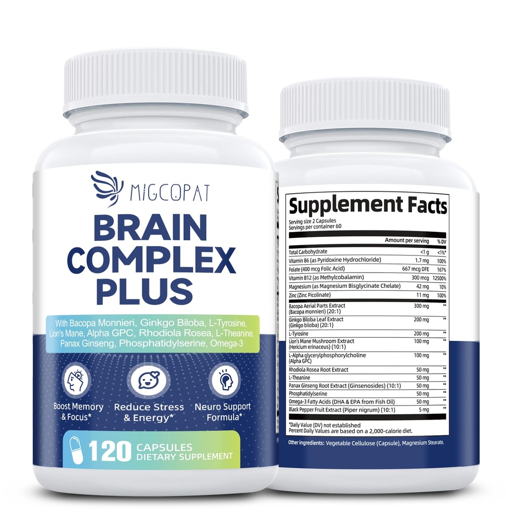 Hersensupplementen voor Geheugen en Focus Nootropic met Bacopa Monnieri, Lion's Mane, Alpha GPC, Ginkgo Biloba 