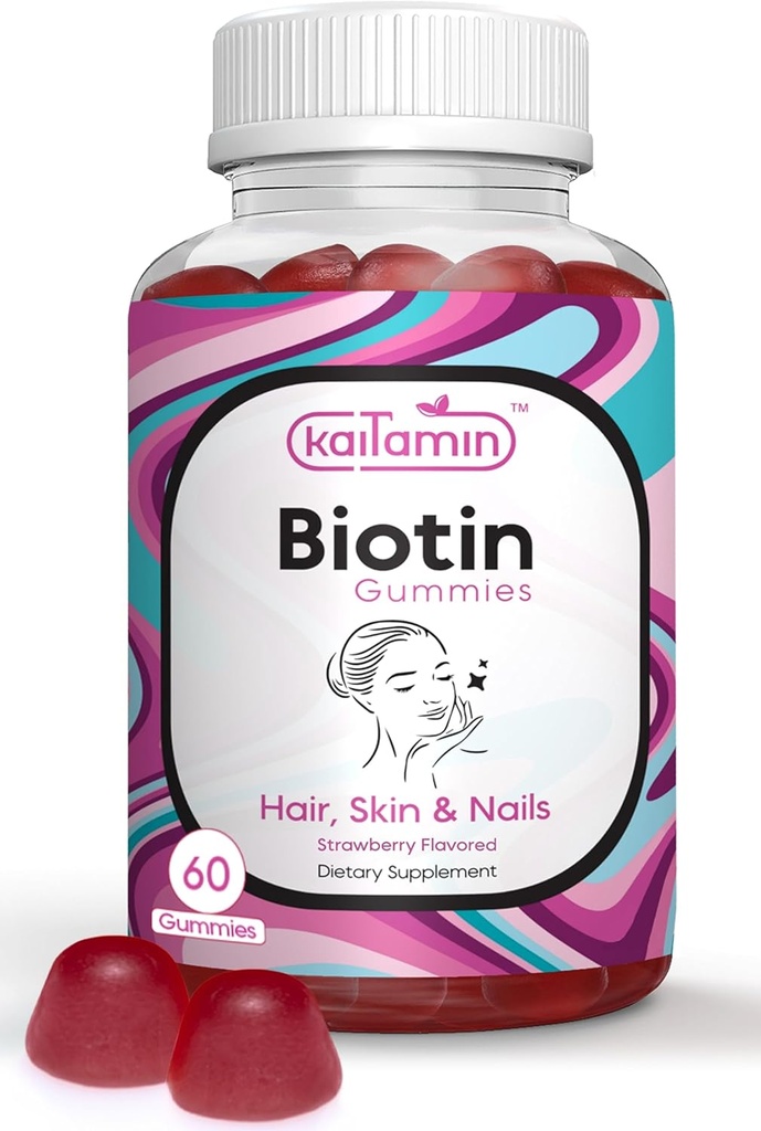 Biotine vitamine B7 Gummies voor haar huid & Nails - 5000 mcg per portie - met vlierbessen en kokosolie, 60 aardbeien Flavored Gummies - Alle natuurlijke, glutenvrije en vegetarische (pakket van 1)