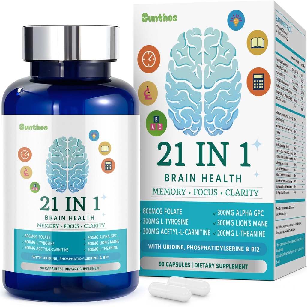 Hersensupplementen voor Geheugen en Focus, 21-in-1 Hersensupplement voor Mentale Alertheid, Cognitief met 300mg Alpha-GPC, 300mg Lion