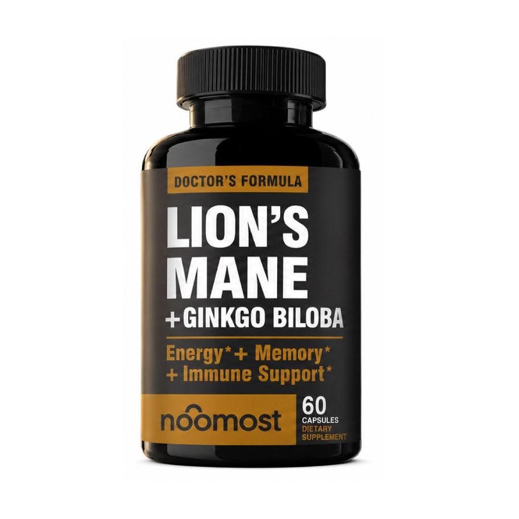NooMost Lions Mane Supplement Organic Capsules - With Ginkgo Biloba - Cognitive Health, Focus & Memory Support - Natural Superfood for Brain, Energy & Immune Health - Non GMO- 60 Caps - 2 Month Supply