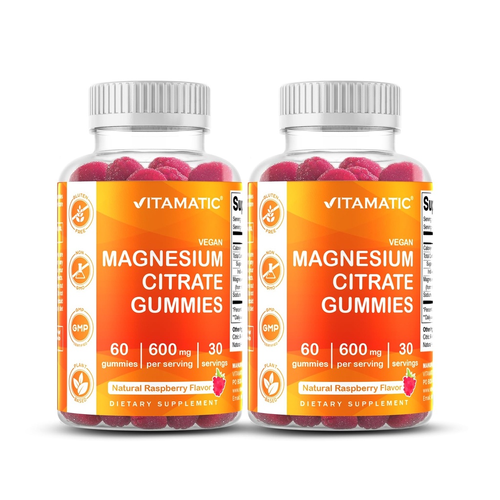 Vitamatic Magnesium Citrate Gummies 600mg per portie - 60 Tel - Bevordert gezonde ontspanning, spier, bot, & energie ondersteuning (pakket van 2)