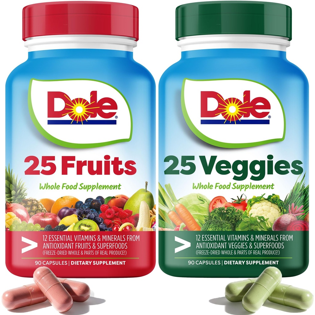 Dole Daily Fruits and Veggies Supplement - Whole Food Plant-Based Nutrition with 25 Fruits + 25 Vegetables, 12 Essential Vitamins & Minerals, Antioxidant Superfoods, 180 Capsules (2 Pack)