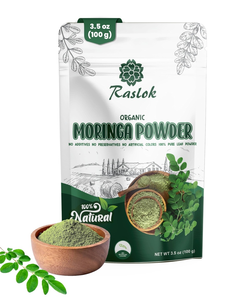 Raslok Moringa Powder | 100% Pure Leaf | No Additives or Preservatives | Vegan, Non-GMO, Shade-Dried Superfood | 3.5 oz (100g) | Natural Green Nutrient-Rich Energy Boost