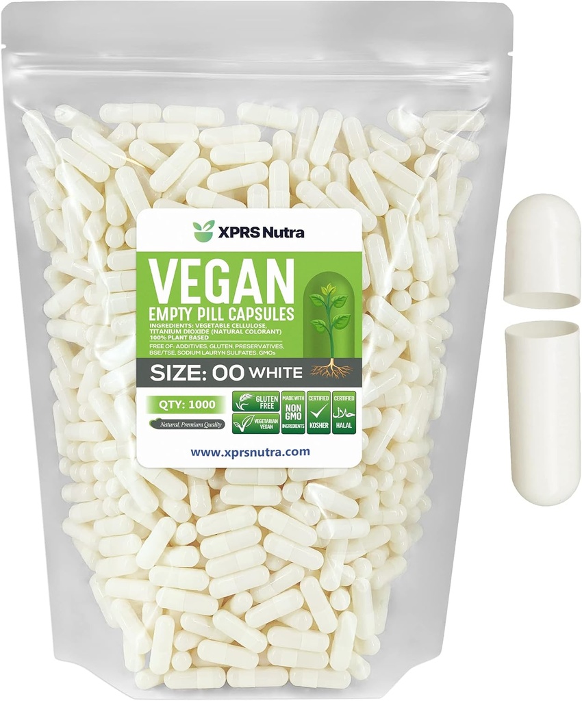 XPRS Nutra Maat 00 Lege capsules - 1000 Graaf Lege Vegan Capsules - Vegetarische pillen - DIY plantaardige capsule vullen- Veggie pilscaps voor Do-It-Yourself Supplements (White)