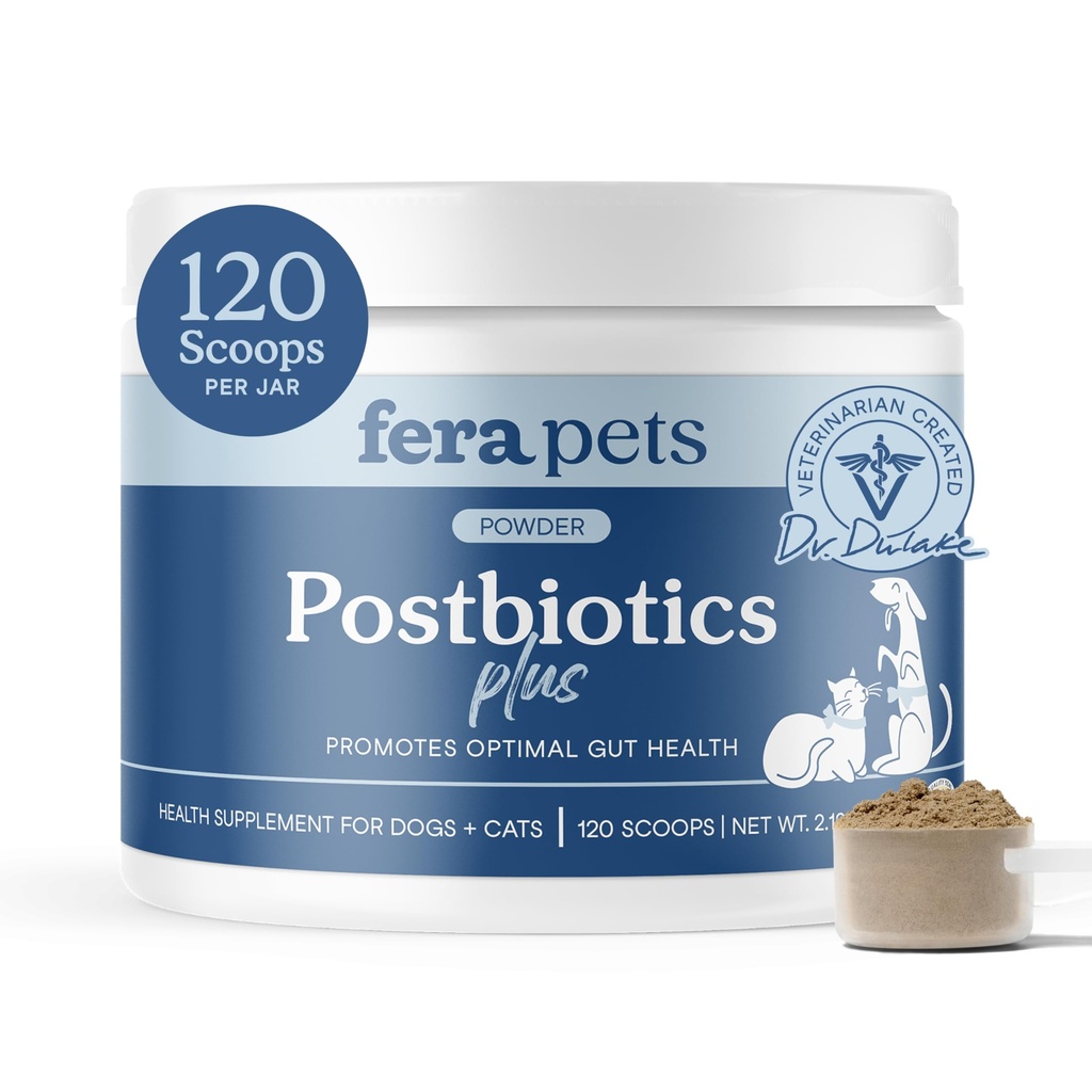Fera Pets Postbiotics Plus Prebiotics for Dogs & Cats - with Slippery Elm - Promotes Optimal Digestive Health & Inflammatory Response - Enhances Immunity - 120 Scoops