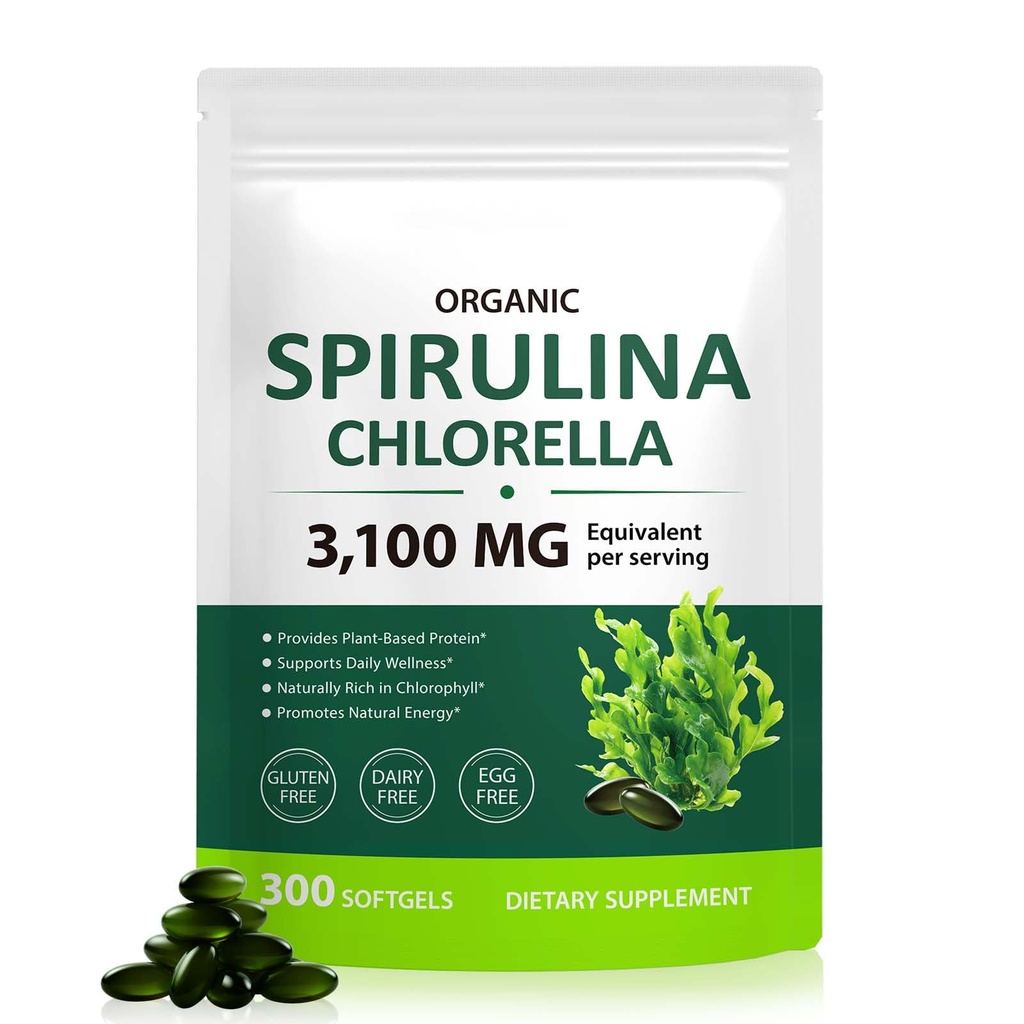 Spirulina Chlorella Capsules,17-in-1 Supergreens Blend Rijk aan proteïne, Chlorofyl, Vitaminen, Ondersteunt Energie, Immune & Gut Health, Gemakkelijke Absorptie,300 Softgels