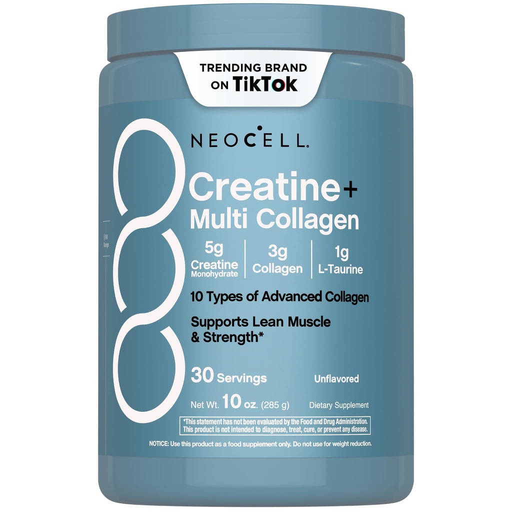 NeoCell Creatine Monohydrate Powder | 30 Servings | with Multi Collagen Peptides | Unflavored | for Women and Men