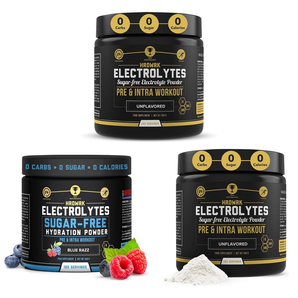 HRDWRK - 100 porties Keto Electrolytes Poeder Hydratatie Suikervrij - Electrolyte Poeder om Endurance te verhogen en vermoeidheid met Elektrolyten Supplement te verminderen (Unflavored Set van 2 & Blue Razz)