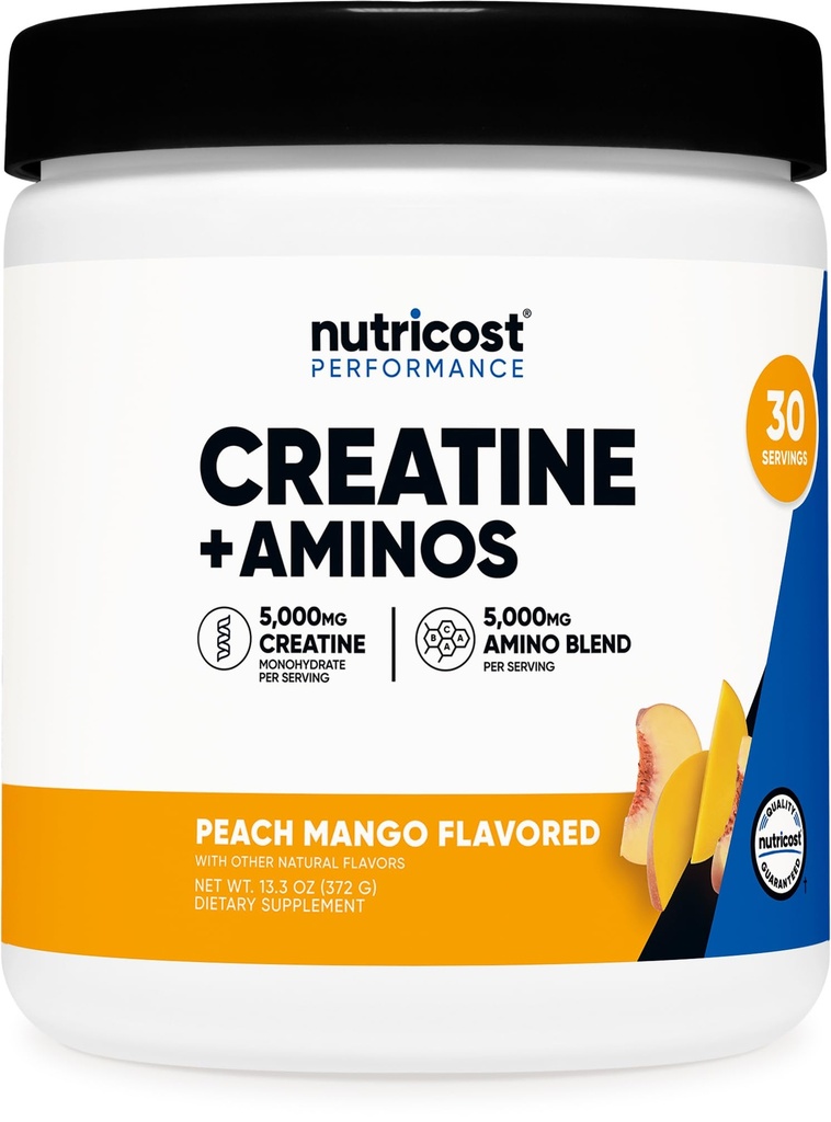 Nutricost Creatine + Aminos 30 Serves (Peach Mango Flavored) - 5.000mg Creatine Monohydraat + 5000mg Amino BCAA Blend Per Serving