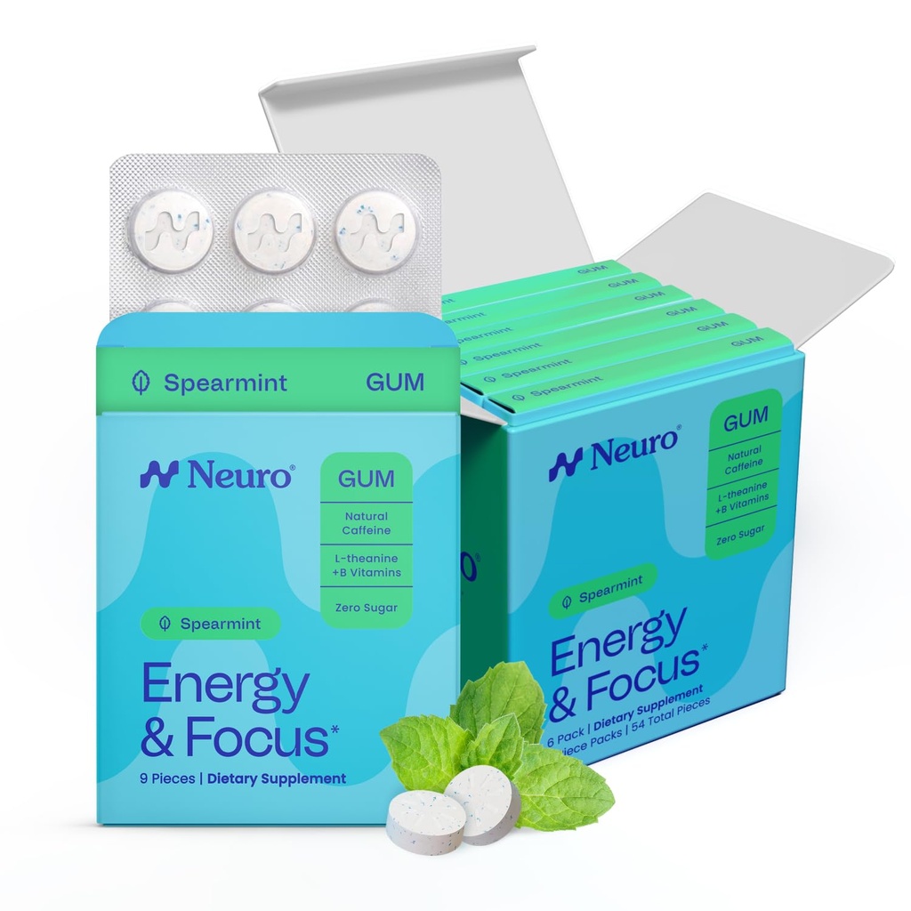 Neuro Energy & Focus Gum - 40mg Natural Caffeine Gum & Nootropic Energy Supplement with L-Theanine & B Vitamins - Sugar Free, Vegan - Spearmint, 54ct
