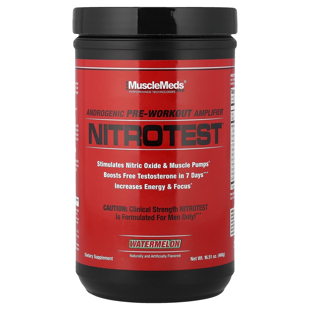 MuscleMeds Nitrotest Pre-Workout Supplement Drink, Boost Nitric Oxid, Testosteron, Watermeloen, 30 porties, 1,03 Pond, 1 Telling