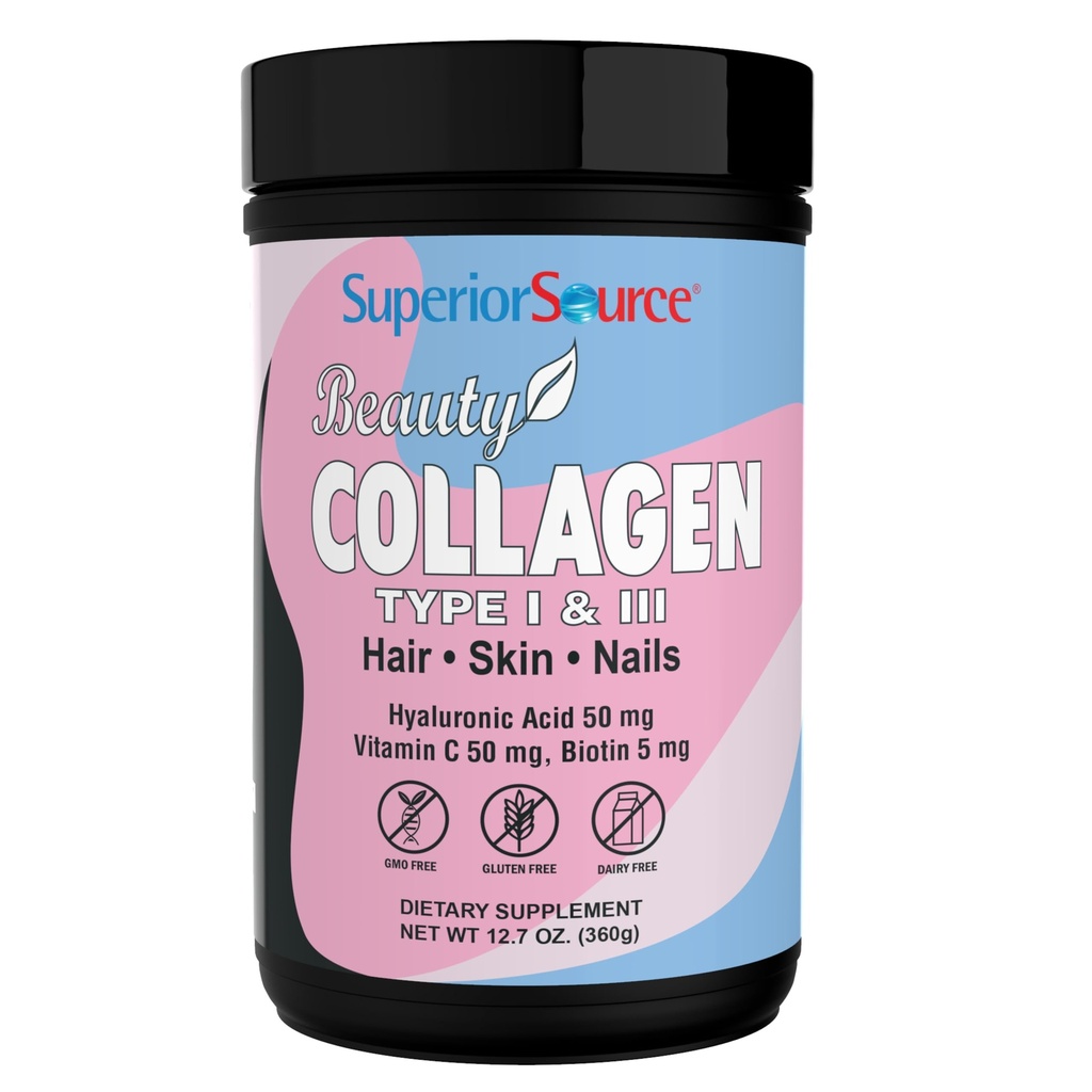 Superior Source Beauty Collagen - Collagen Powder from Grass-Fed Cows - Supports Healthy Hair, Nails & Skin - Features Biotin, Vitamin C & Hyaluronic Acid - 12.7 oz
