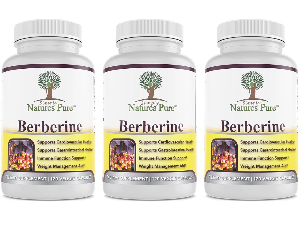 Simply Natures Pure Premium Berberine HCl 500mg - 120 Capsules - Cardiovascular Gastrointestinal Immune Support - Chromium Cinnamon (Pack of 3)