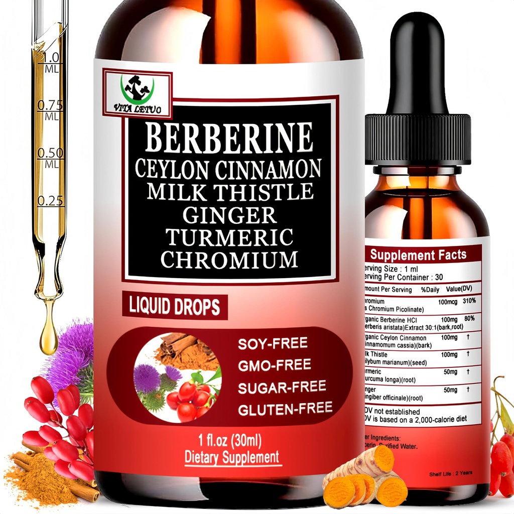 Berberine Drops, High Absorption 6-in-1 Liquid Berberine Supplement with Ceylon Cinnamon Milk Thistle Turmeric, Premium Berberine HCl for Immune Function Metabolic & Digestive Support, 30 Servings