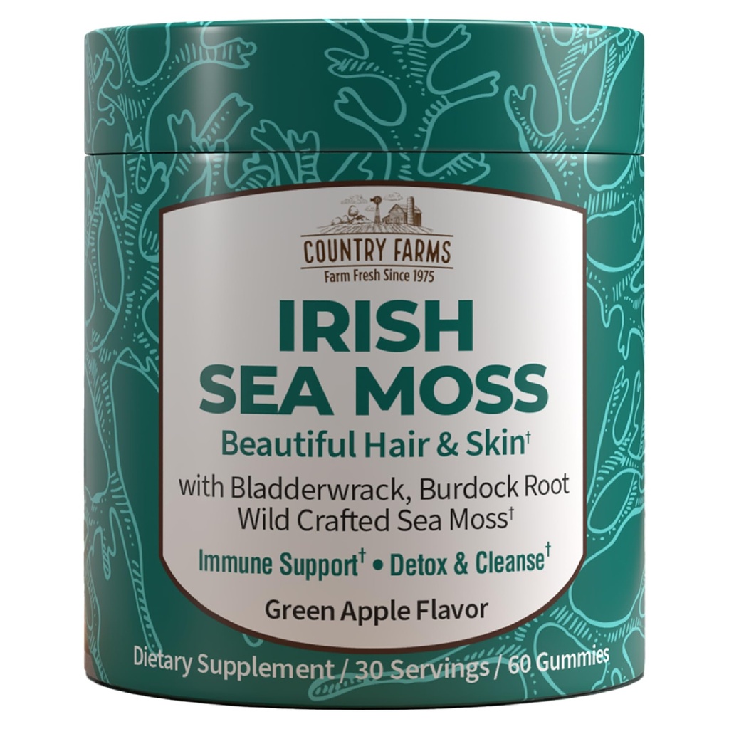COUNTRY FARMS Irish Sea Moss Gummies, 2000mg Irish Moss, Burdock Root, Bladderwrack for Immune Support, Promotes Digestive Health, Skin and Hair Support, Pectin Based, Vegan, Gluten Free, Green Apple