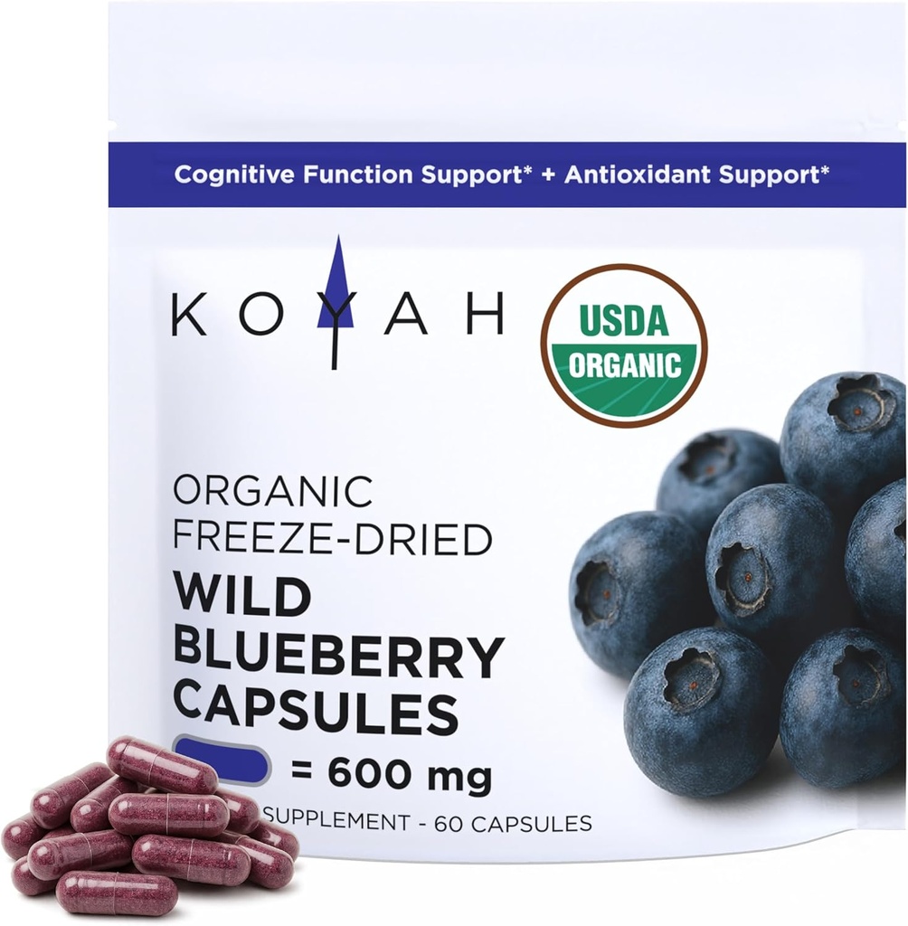 KOYAH Organic Wild Blueberry Capsules – Freeze-Dried Whole Fruit – 600 mg (3,960 mg Fresh) – Lowbush Variety (Vaccinium angustifolium) - Cognitive Function & Antioxidant Support - 60 Capsules