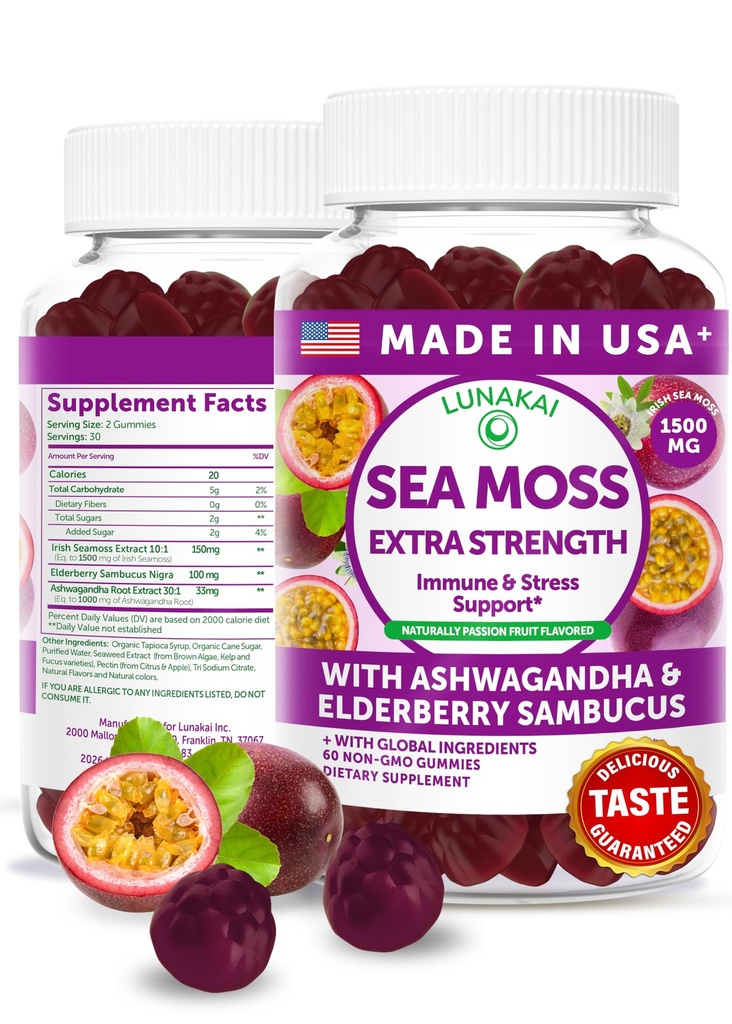 Lunakai USA Made Irish Sea Moss Gummies with Ashwagandha & Elderberry – Delicious Daily Immune & Stress Support Supplement for Men & Women, 60ct