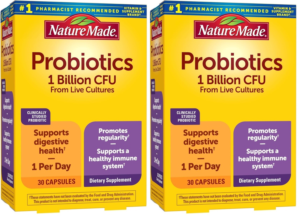 Nature Made Probiotics for Women and Men, Probiotic Capsules 1 Miljard CFU from Live Cultures for Immune & Digestief Support, 30 Capsules, 30 Day Supply,(Pack of 2)