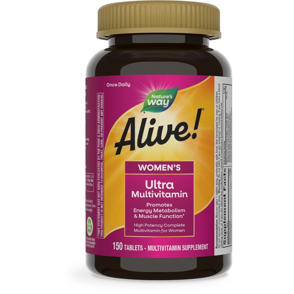 Nature's Way Alive! Ultra Multivitamin for Women, Complete Daily Women's Vitamins, High Potency Formula, Promotes Energy Metabolism and Muscle Function*, Vitamin A, C, D, Methylated B12, 150 Tablets