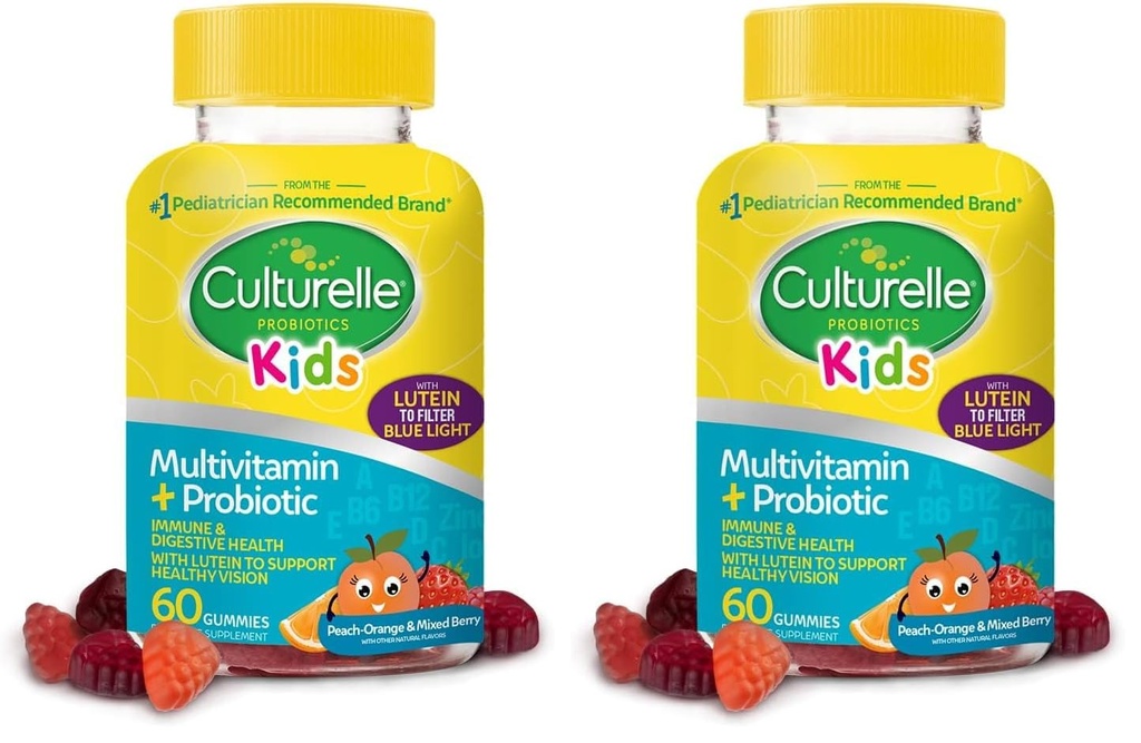 Culturelle Kids Multivitamin + Probiotic for Kids (Ages 2+), Peach-Orange & Mixed Berry Flavor - Digestive Health & Immune Support Gummies with Lutein to Support Eye Health, 60 Count (Pack of 2)