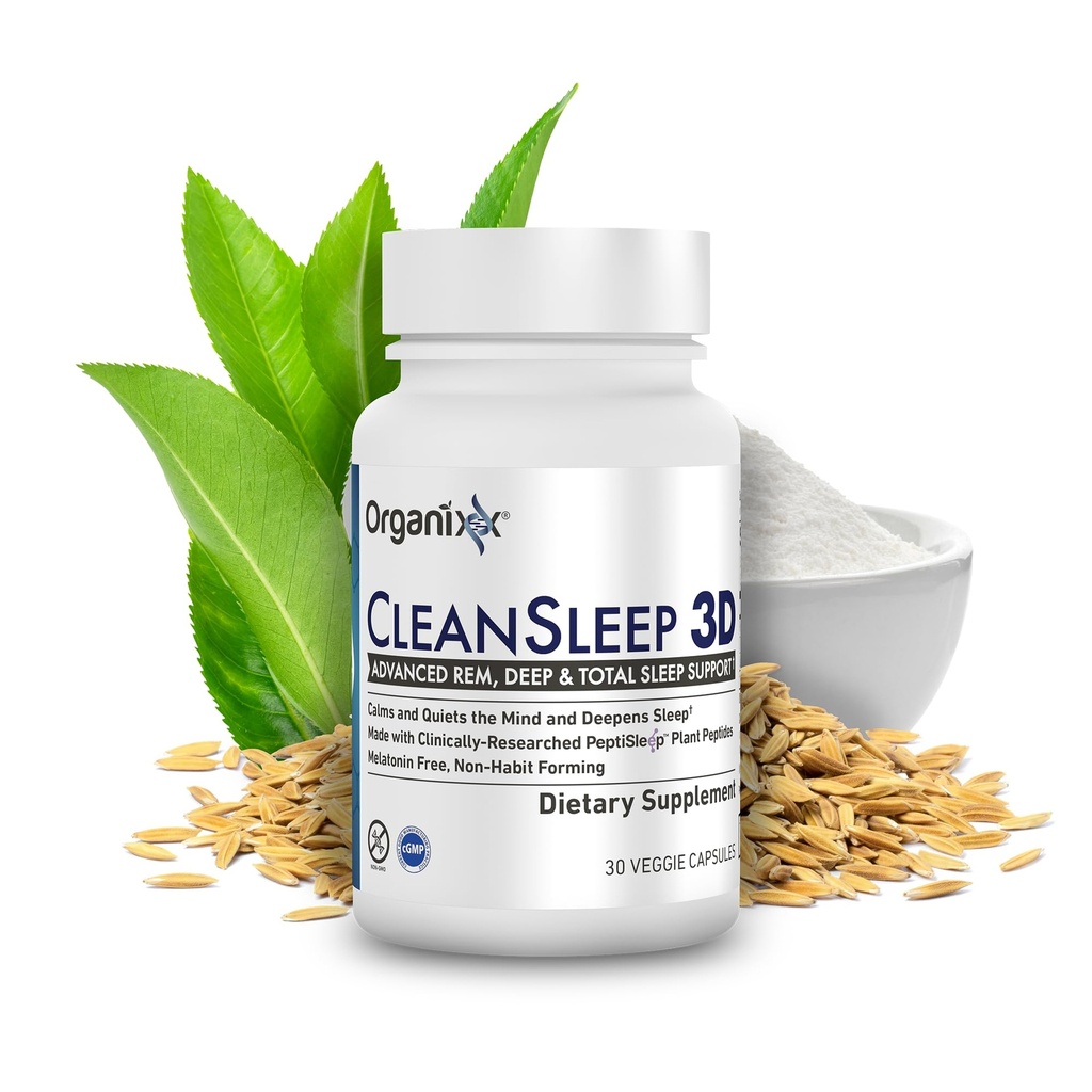 Organixx Clean Sleep 3D, Melatonin Free Sleep Supplement with L Theanine, GABA, and Peptides to Promote Relaxation and Sleep Support, Vegan Formula, Dairy, Soy & Gluten Free, Non GMO, 30 Capsules