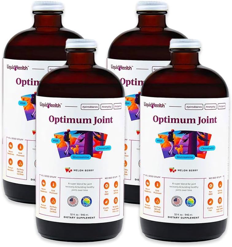 LIQUIDHEALTH Optimum Joint Support Liquid Multivitamine met Glucosamine, Chondroitin, MSM, Hyaluronzuur - Verhoog de mobiliteit, Joint Comfort, voor hardlopers en atleten - Made in USA, Vegan (4 Pack)