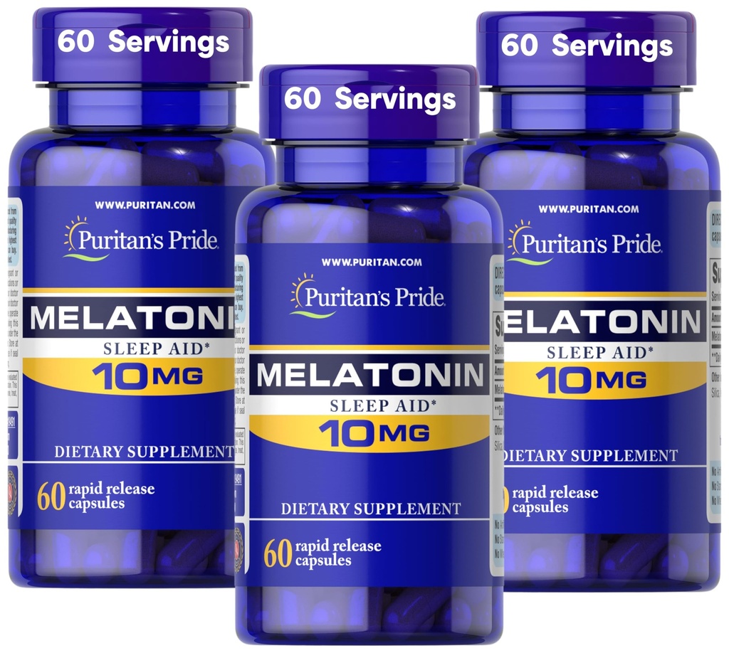 Puritan's Pride Premium Super Strength Melatonin 10mg Sleep Aid, Dietary Supplement for Sound, Restful, and Longer Sleep Support, 2 Month Supply, 60 Rapid Release Capsules (Pack of 3)