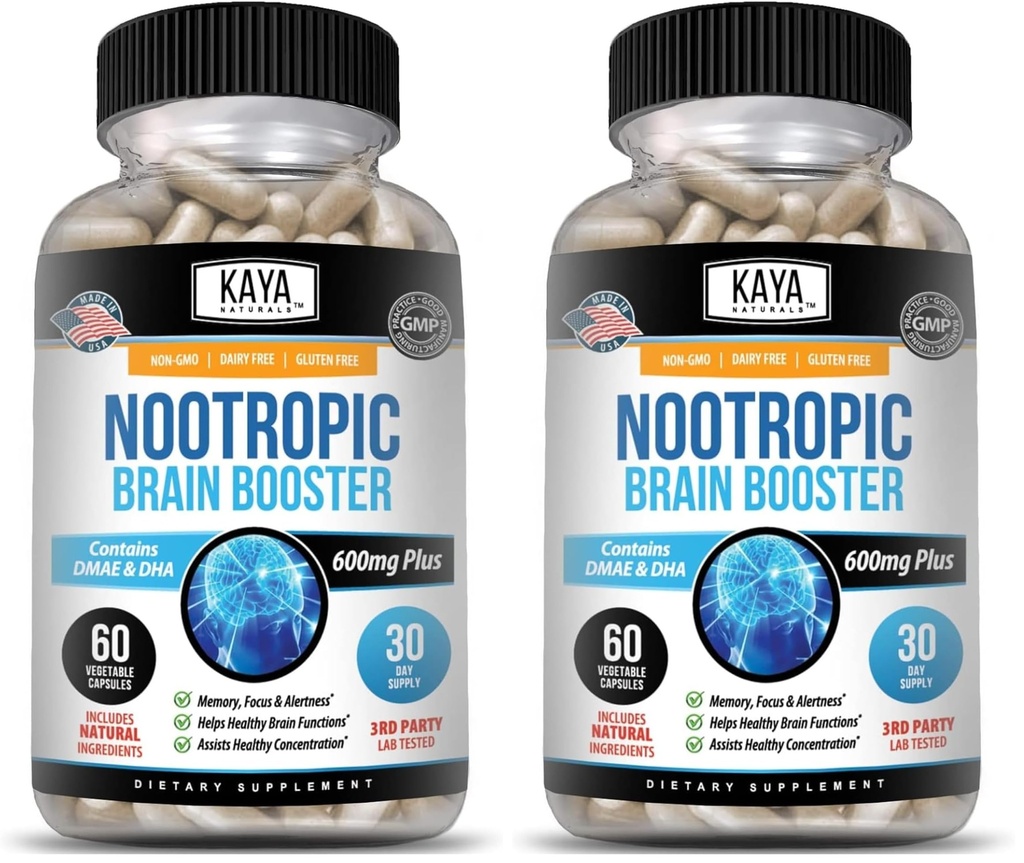 Kaya Naturals - Nootropic Brain Booster - for Memory & Focus - Brain Support Supplement - Focus & Concentration & Learning Accuracy - Cognitive Function - 60 Count (Pack of 2)