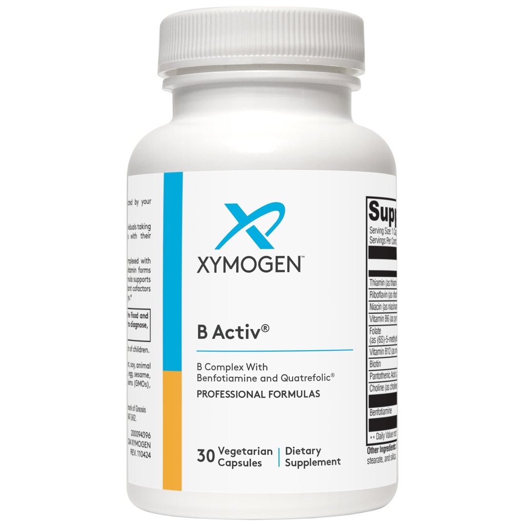Xymogen Vitamin B Complex - B Activ - Actieve B Vitaminen met Benfotiamine en Quatrefolic - Ondersteuning Adrenal and Immuun Function + A Gezond Cardiovasculaire en Zenuwstelsel (30 capsules)