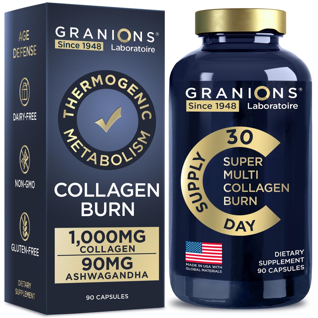 Granions Thermogenic Hydrolyzed Collages Burn - Hyaluronic Acid, Vitamine C - Cellulite Defense en Dermal Repair Multi Collageen Peptides Capsules for Women and Men - 90 Pillen