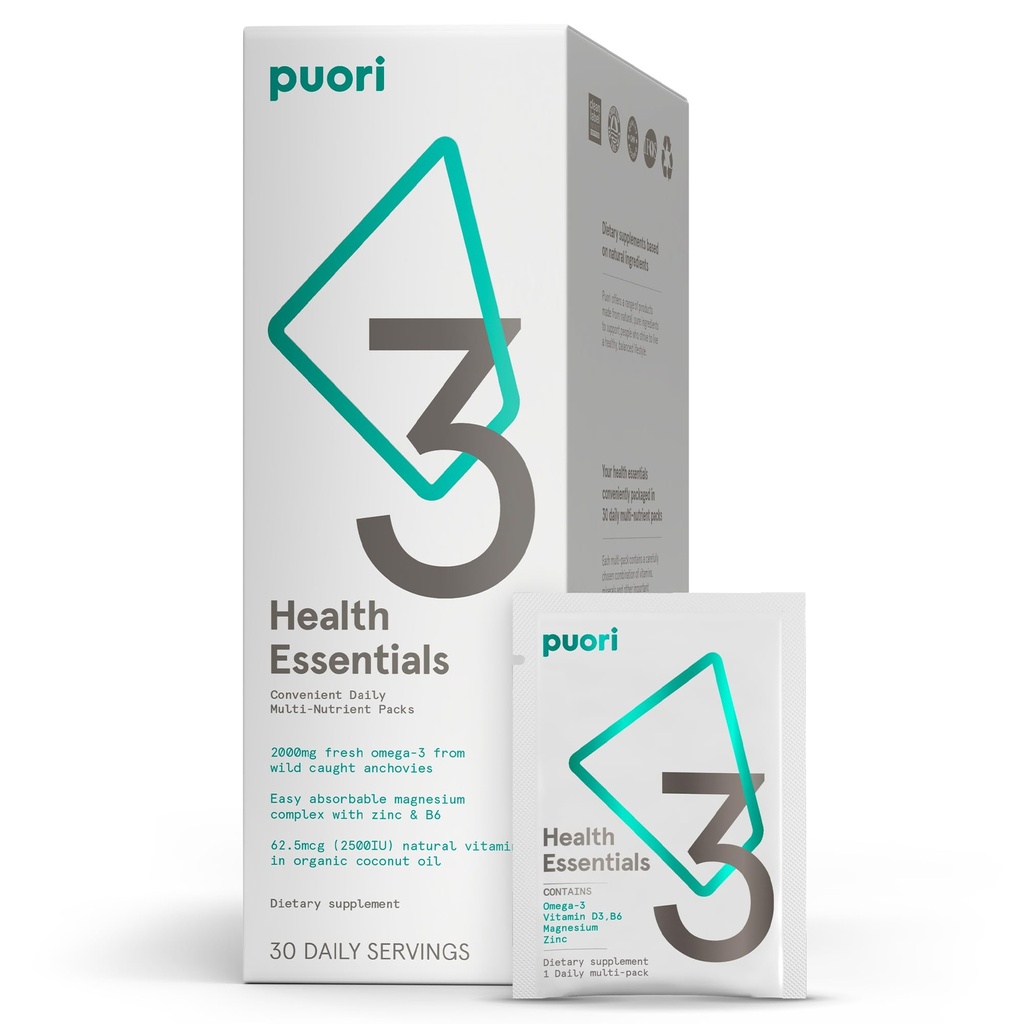 Puori P3 Health Essentials - Multivitamines voor mannen en vrouwen - 30 porties - Omega 3, Vitamine D, Magnesium, Zink - Multi-Nutrient voor hersenen en energie