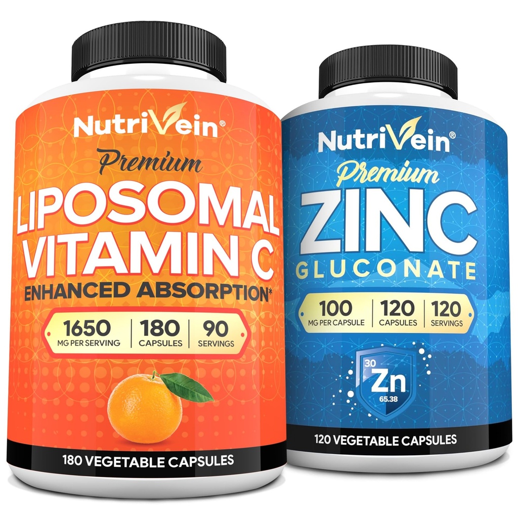 Nutrivein Premium Liposomal Vitamin C Capsules & Zinc Gluconate Supplements Bundle: High Absorption Zinc Gluconate + Liposomal Vitamin C Supplement Pair for Whole-Body Wellness, Defenses, & Vitality