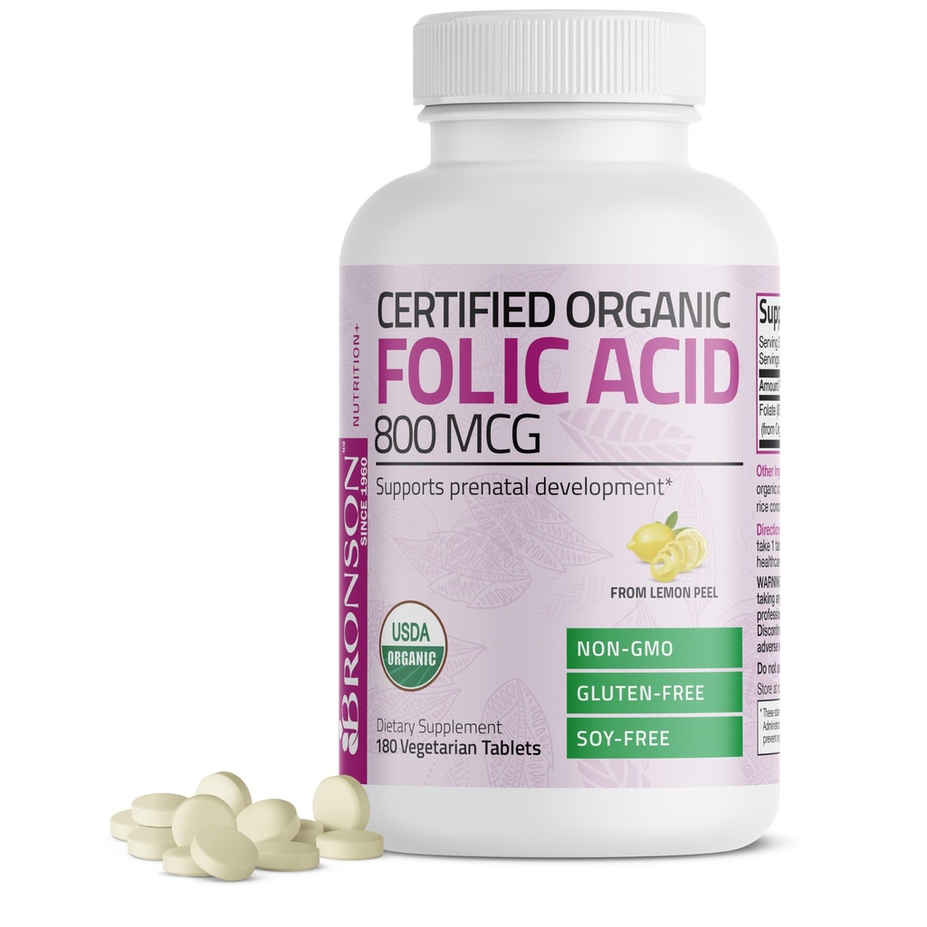Bronson Organic Folic Acid (Vitamine B9 Folate) 800 mcg Folate from Lemon Peel, 180 Tablets
