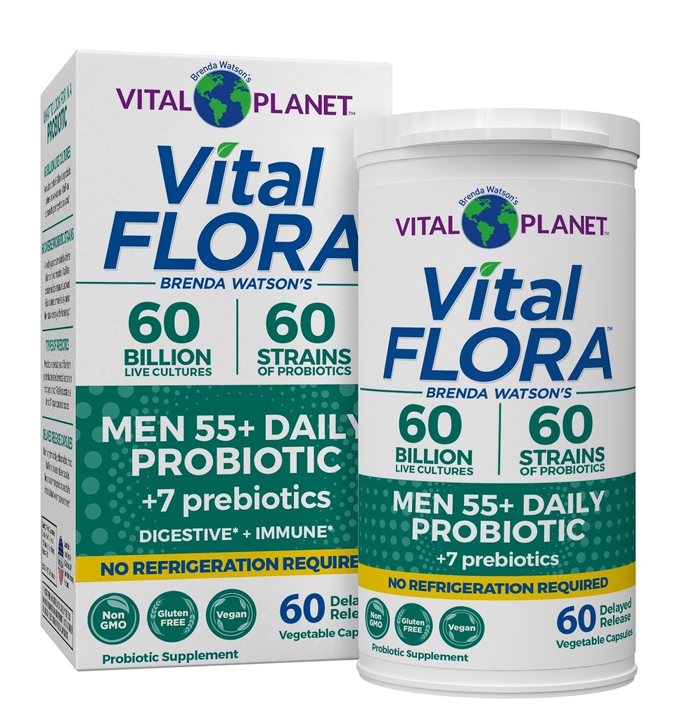 Vital Planet - Vital Flora Mannen Meer dan 55 Dagelijkse Probiotica, 60 miljard CFU, Diverse Strains, Biologische Prebiotica, Immune Support, Digestieve Gezondheid Plank Stabiele Probiotica voor mannen, 60 Capsules